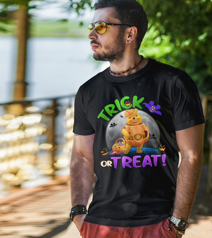 Trick Or Treat Pooh Halloween Moon Bats And Pumpkins T-Shirt