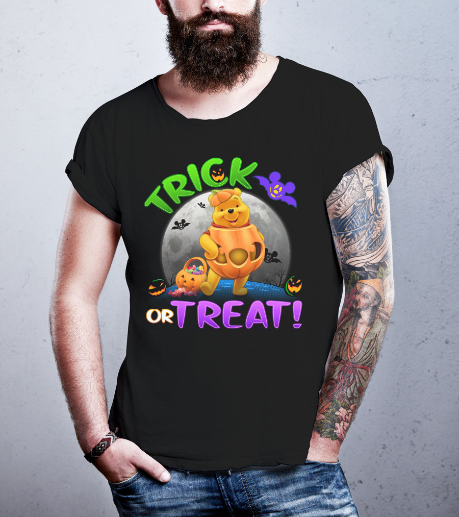 Trick Or Treat Pooh Halloween Moon Bats And Pumpkins T-Shirt