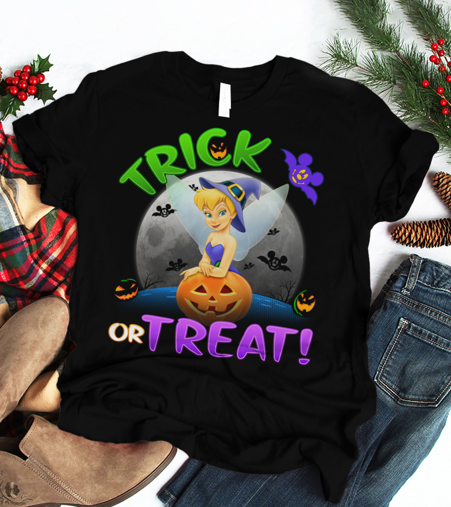 Trick Or Treat Tinker Bell Halloween Jack-O'-Lantern Moon Bat Mickey Ears T-Shirt