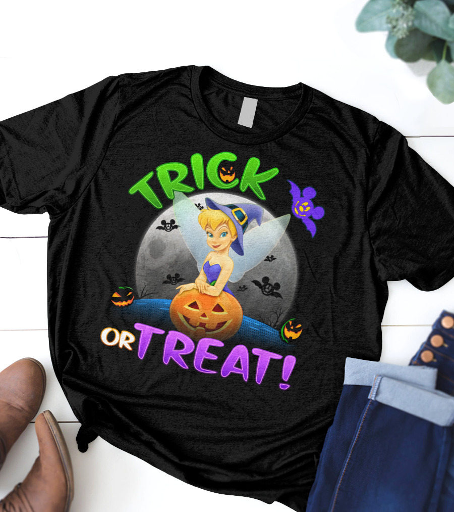 Trick Or Treat Tinker Bell Halloween Jack-O'-Lantern Moon Bat Mickey Ears T-Shirt