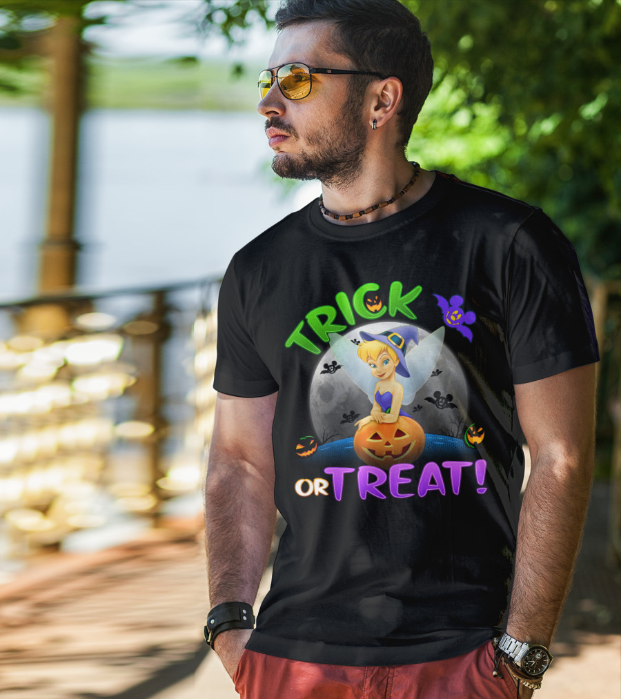 Trick Or Treat Tinker Bell Halloween Jack-O'-Lantern Moon Bat Mickey Ears T-Shirt