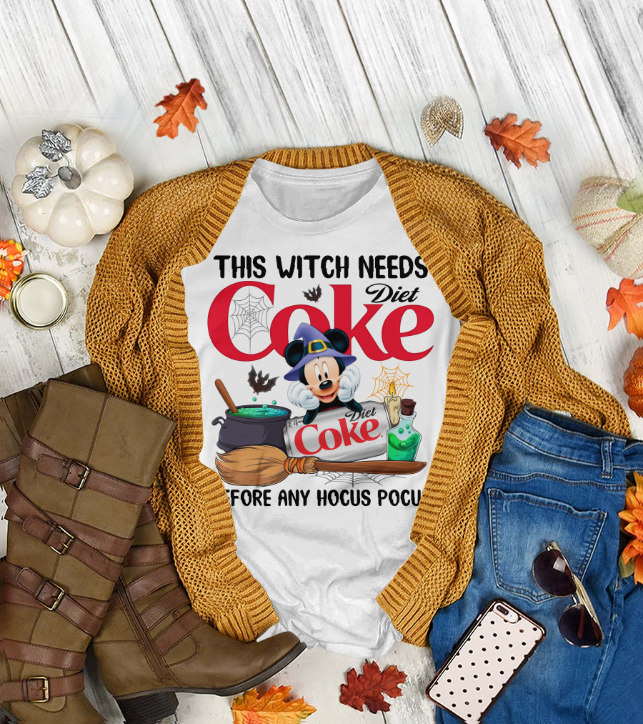 This Witch Needs Diet Coke Before Any Hocus Pocus Mouse Hat Potion Broom Cauldron T-Shirt
