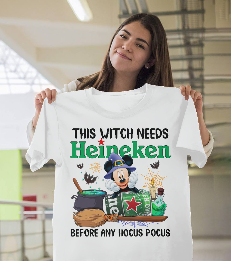 This Witch Needs Heineken With Cartoon Mouse In Wizard Hat Before Any Hocus Pocus T-Shirt