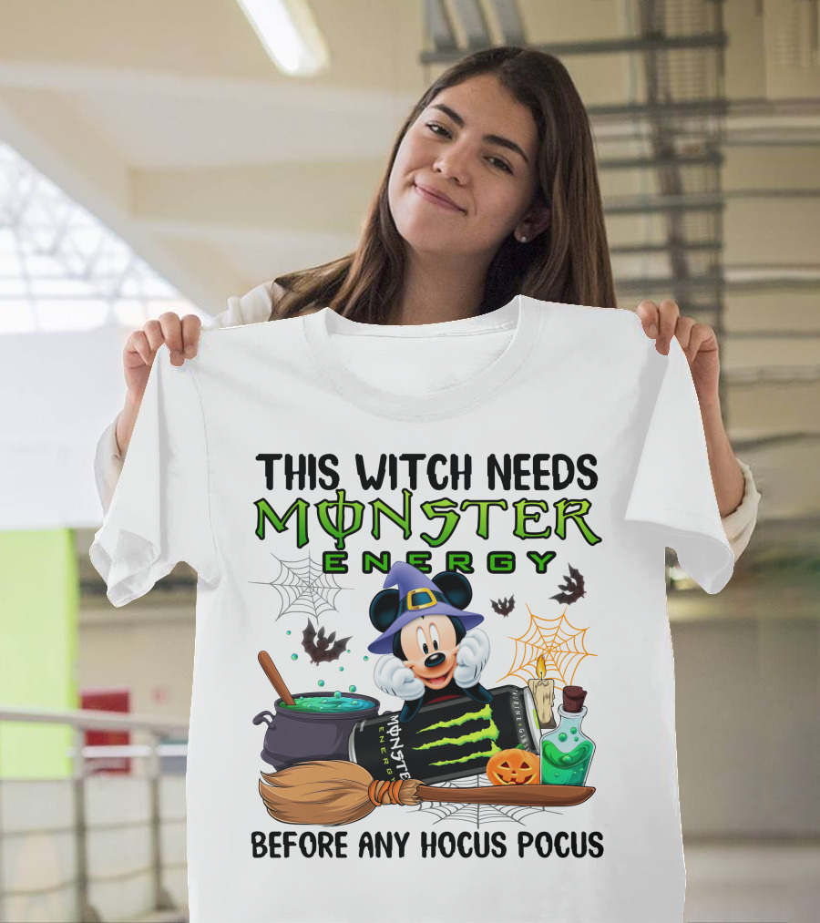This Witch Needs Monster Energy With Mouse In Witch Hat Before Any Hocus Pocus T-Shirt