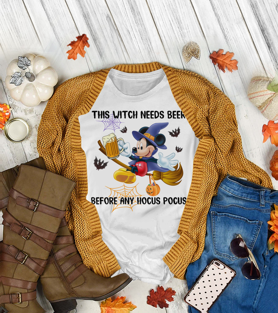 This Witch Needs Beer Before Any Hocus Pocus Halloween Character On Broom With Pumpkin And Beer Mug T-Shirt