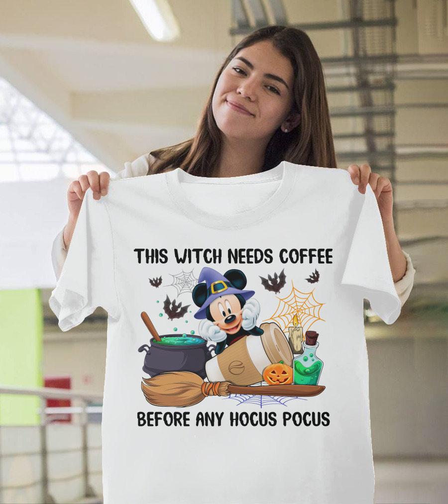 This Witch Needs Coffee Mickey Cauldron Bats Potion Pumpkin Broom Hocus Pocus T-Shirt
