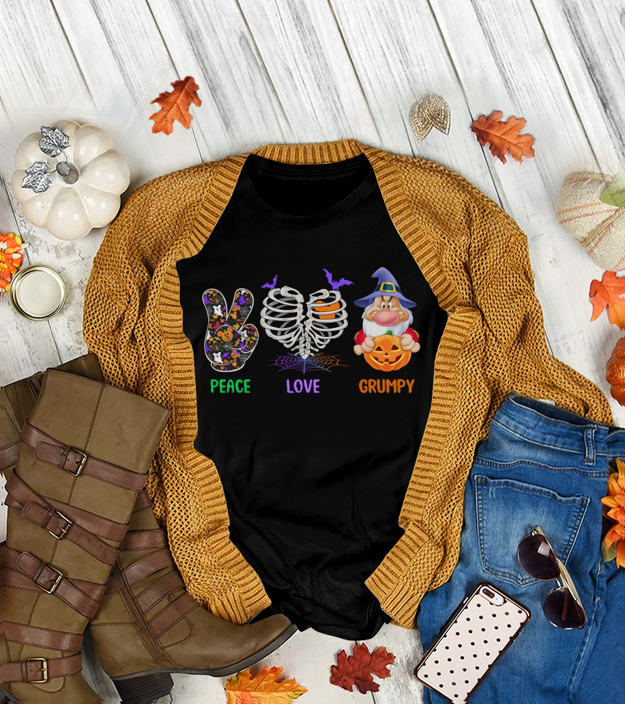 Peace Love Grumpy Halloween Gnome Pumpkins Rib Cage Bat T-Shirt