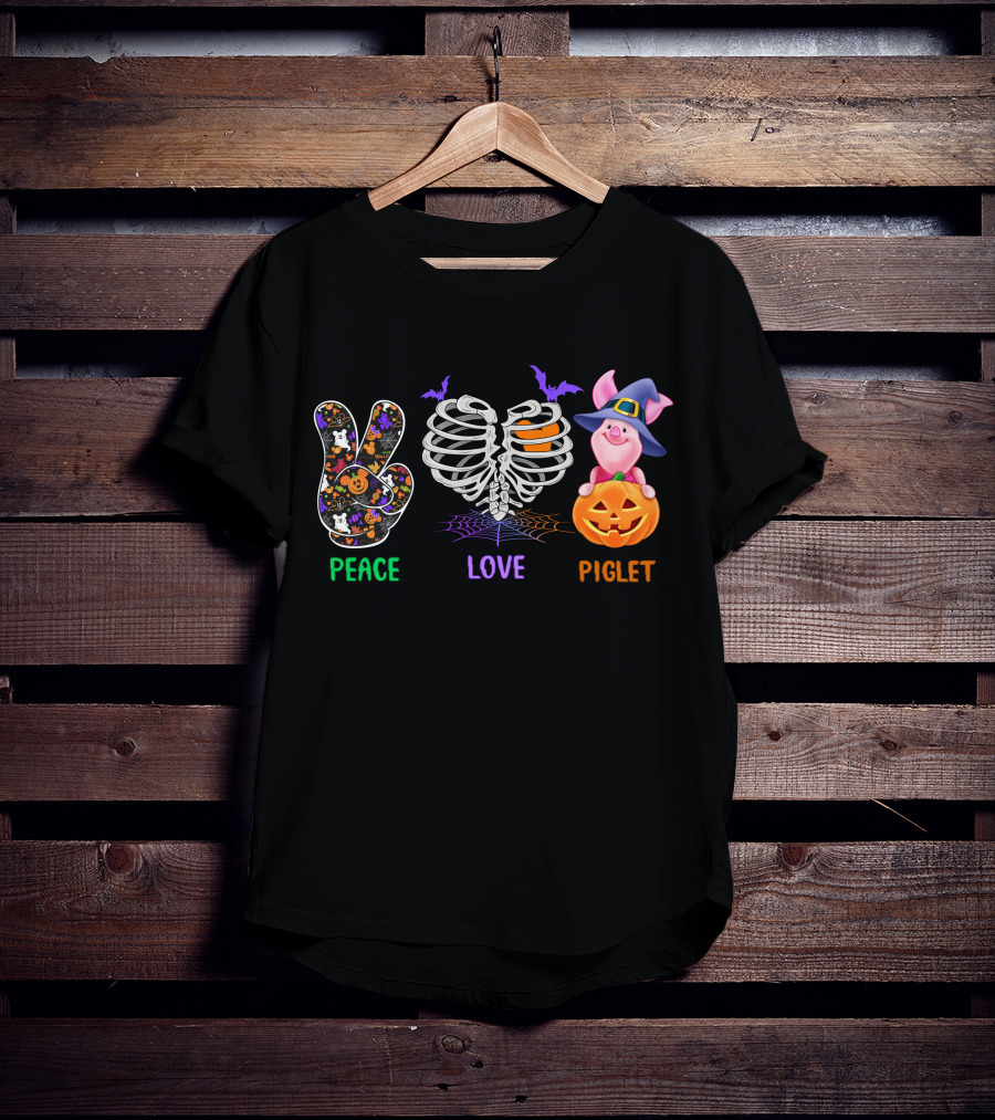 Peace Love Piglet Halloween Theme Pumpkin Skeleton Bats T-Shirt