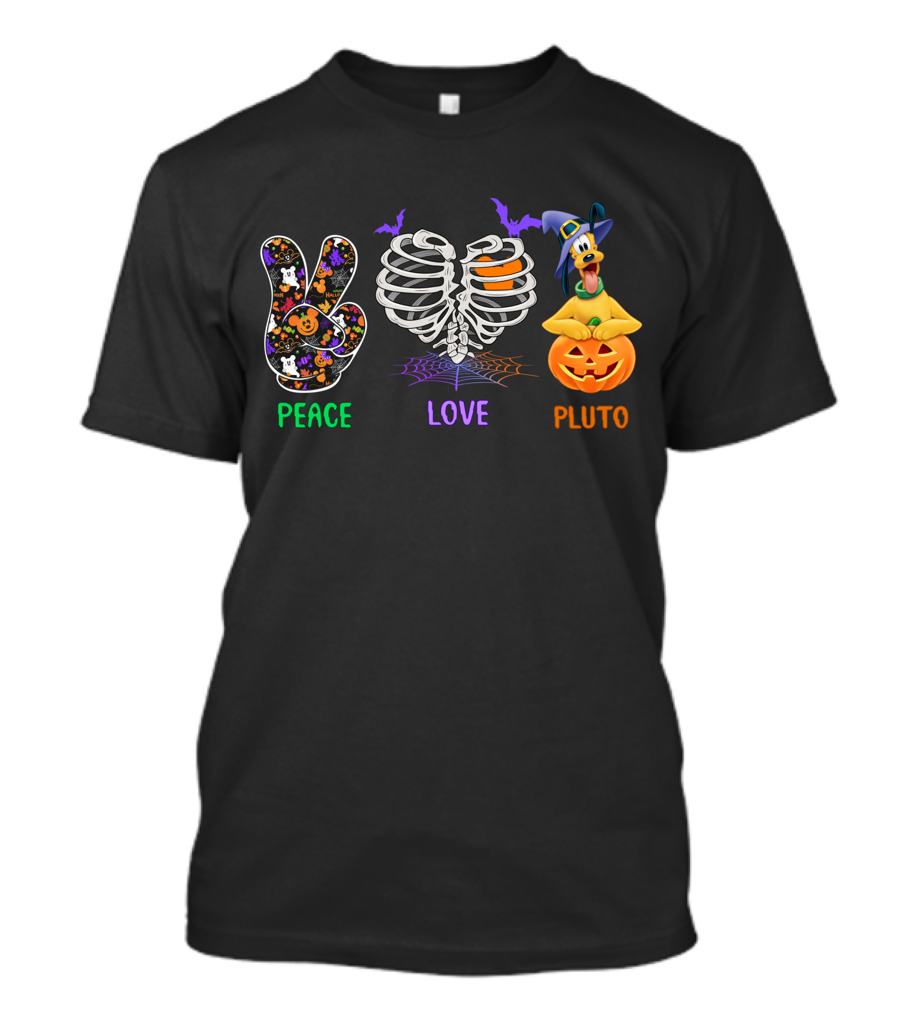 Peace Love Pluto Halloween Pumpkin And Skeleton Rib Cage With Bat Accents T-Shirt