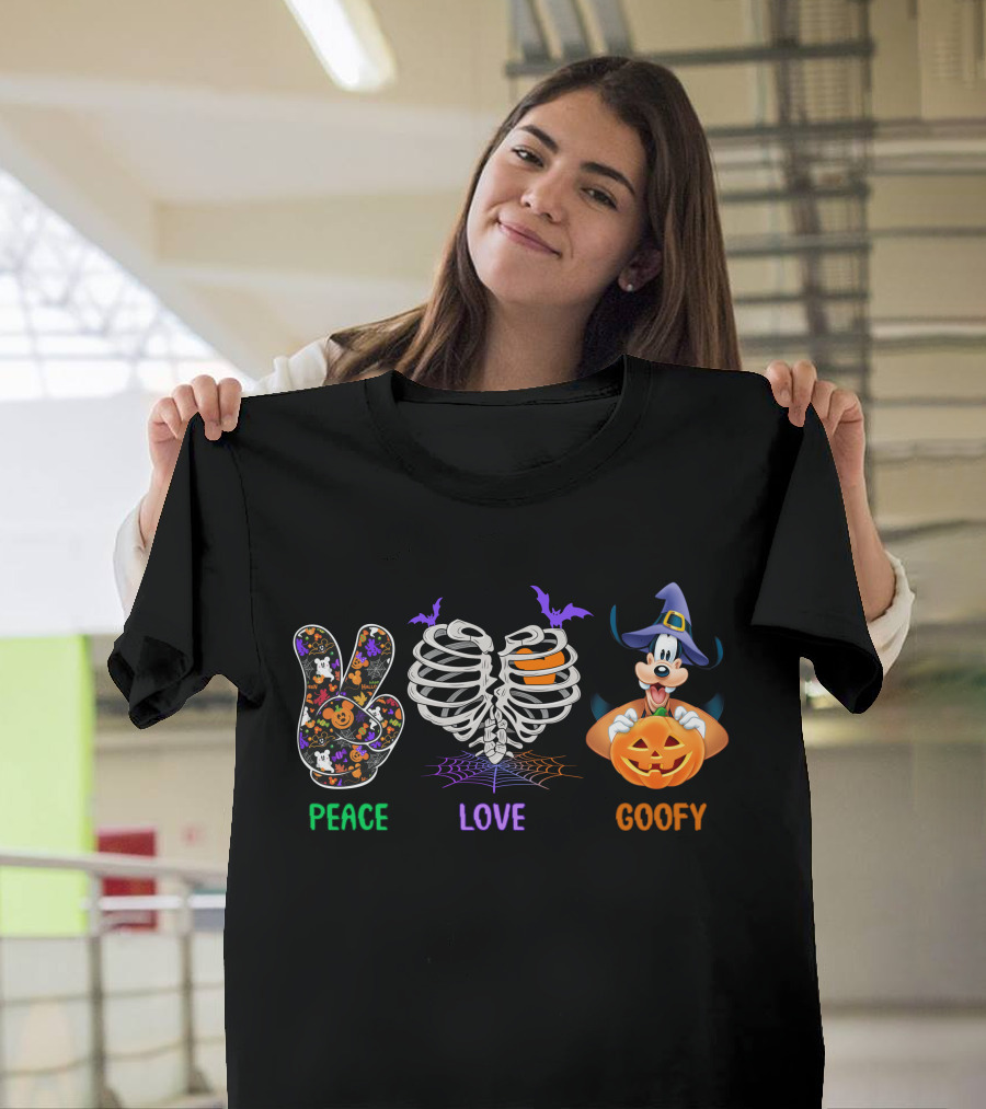 Peace Love Goofy Halloween Skeleton Ribcage Pumpkin And Bat Icons T-Shirt