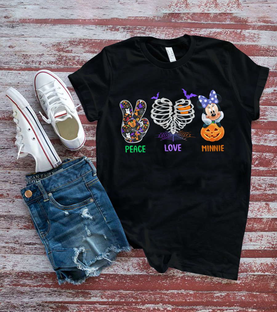 Peace Love Minnie Halloween Skeleton Pumpkin T-Shirt