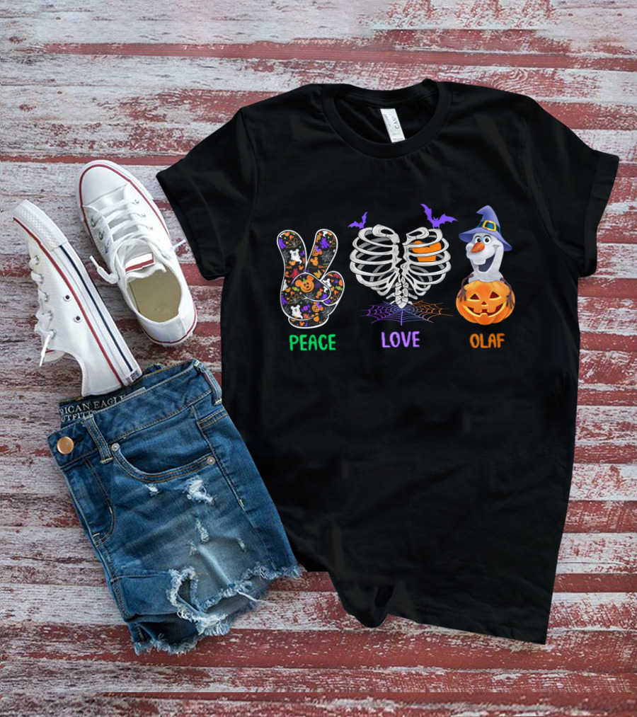Peace Love Olaf Halloween Pumpkin Skeleton Bats T-Shirt