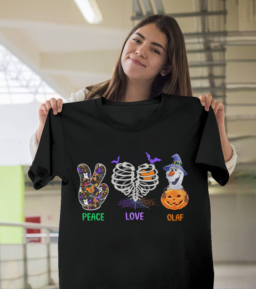 Peace Love Olaf Halloween Pumpkin Skeleton Bats T-Shirt