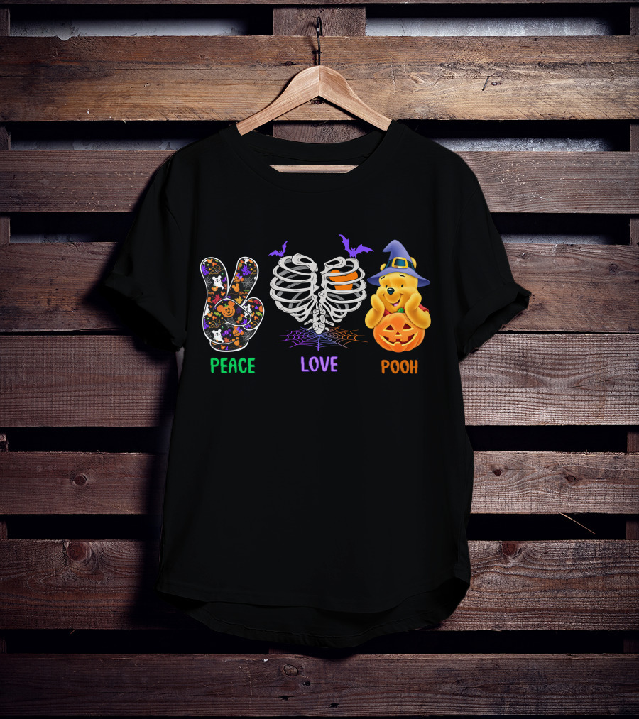 Peace Love Pooh Halloween Pumpkin Skeleton Ribs T-Shirt