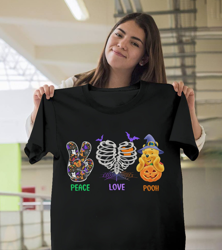 Peace Love Pooh Halloween Pumpkin Skeleton Ribs T-Shirt