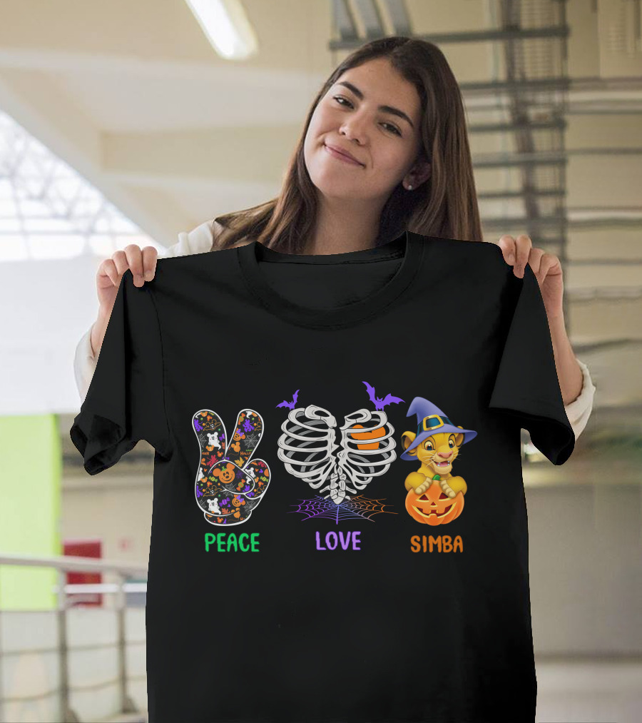 Peace Love Simba Halloween Ribs Pumpkin Bats T-Shirt