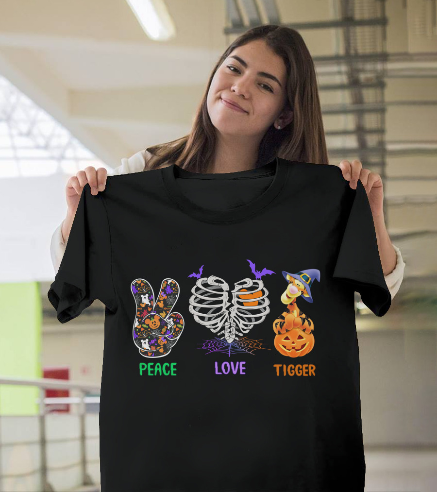 Peace Love Tigger Halloween Skeleton Pumpkin T-Shirt