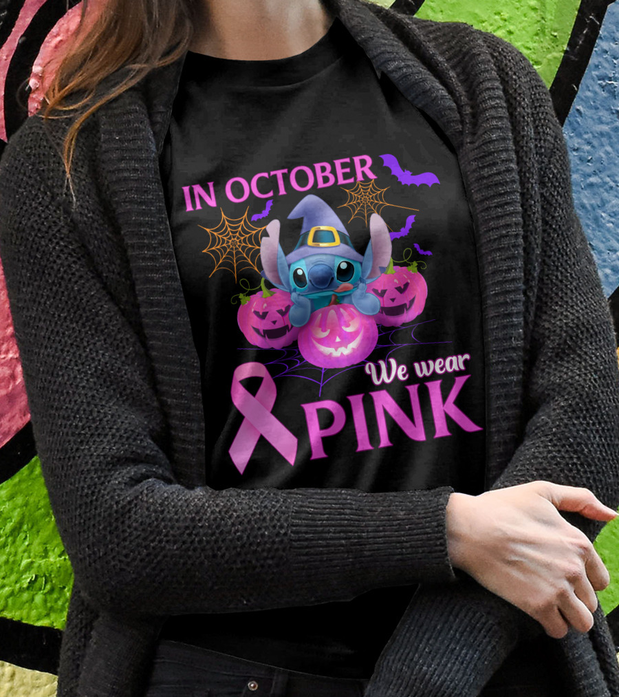 In October We Wear Pink Stitch Halloween Breast Cancer Awareness T-Shirt