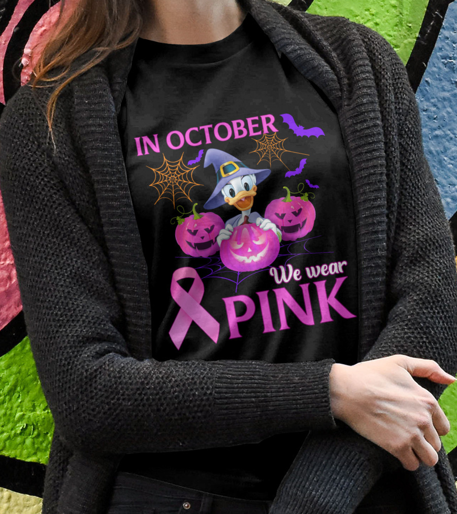 In October We Wear Pink Daisy D Breast Cancer Awareness Halloween Theme T-Shirt