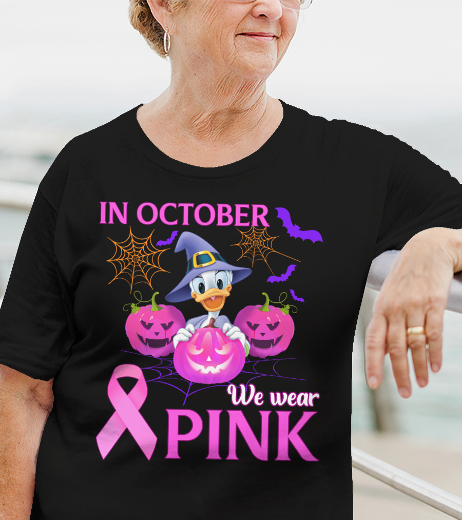 In October We Wear Pink Daisy D Breast Cancer Awareness Halloween Theme T-Shirt