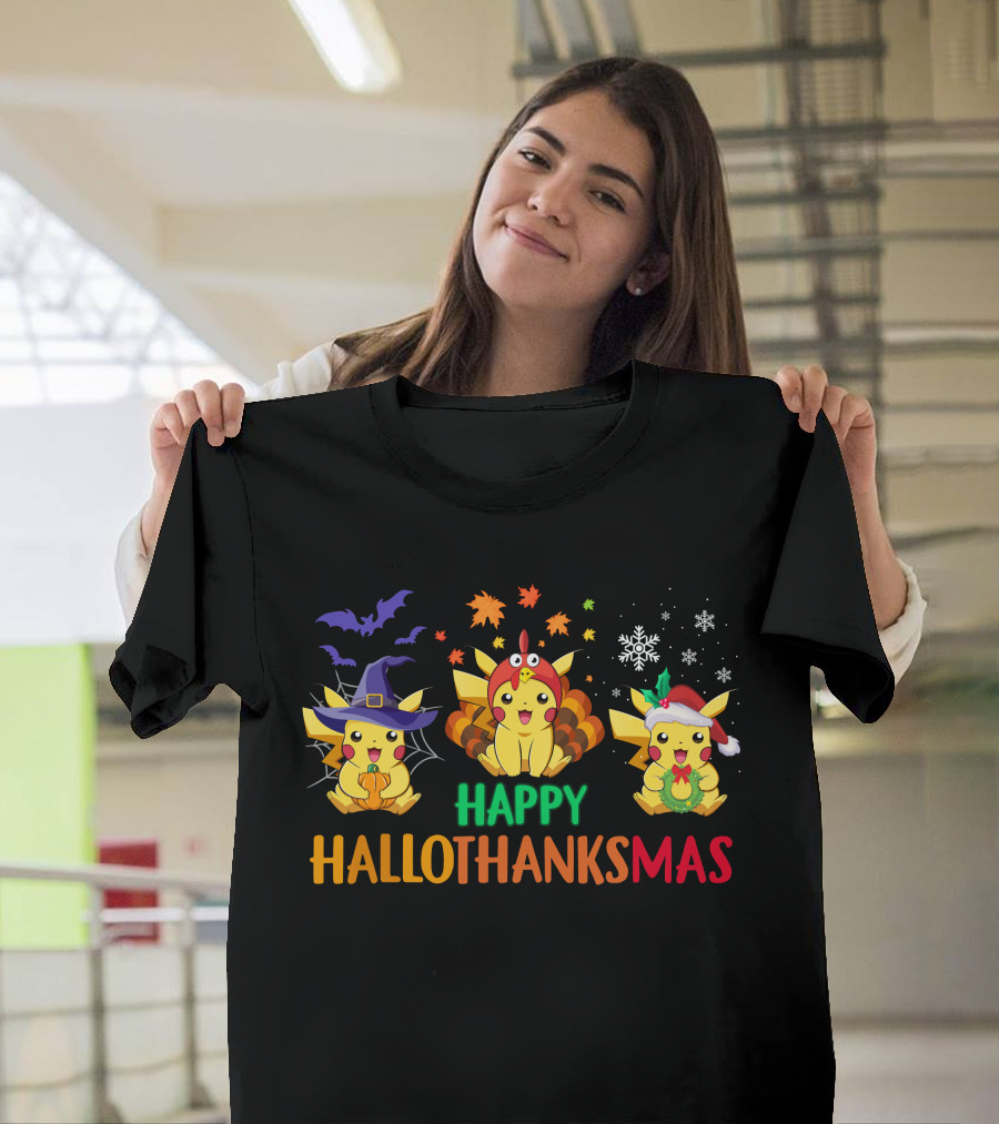 PIKACHU Happy HalloThanksMas Halloween Thanksgiving Christmas T-Shirt