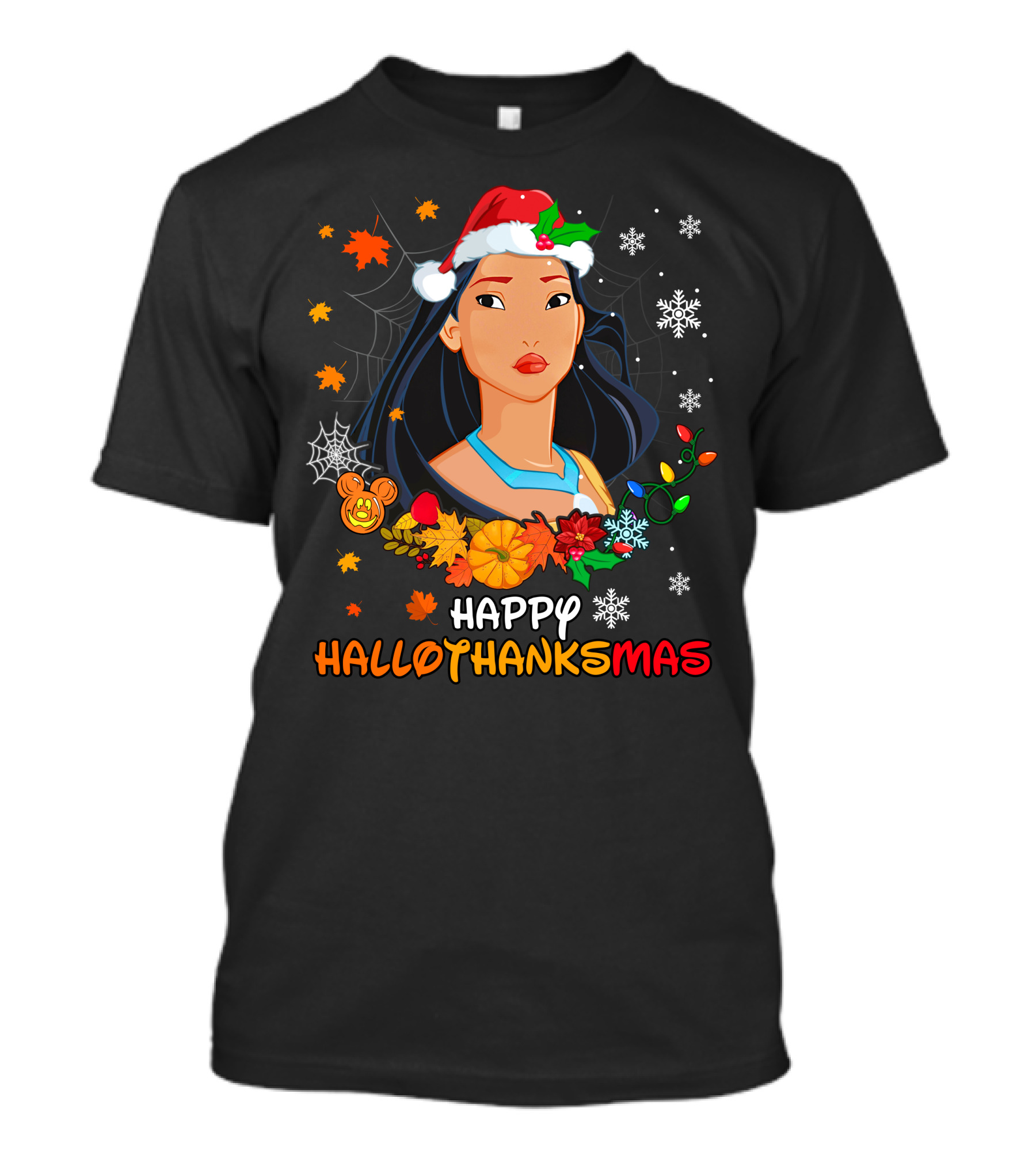 Happy Hallowthanksmas Pocahontas Santa Hat Thanksgiving Christmas Halloween T-Shirt