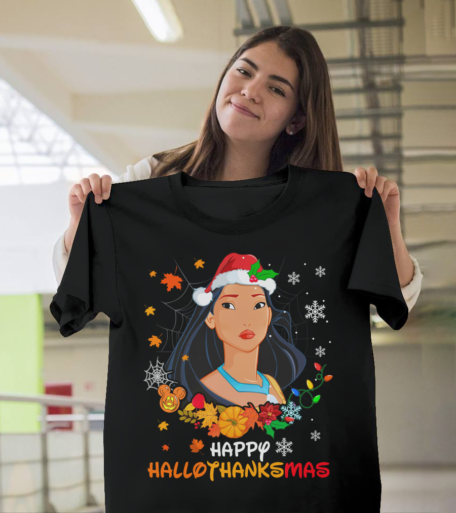 Happy Hallowthanksmas Pocahontas Santa Hat Thanksgiving Christmas Halloween T-Shirt