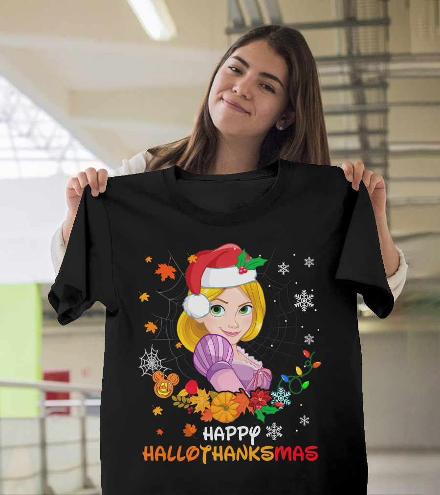 Happy Hallothanksmas Rapunzel Holiday Cheer With Festive Santa Hat And Seasonal Elements T-Shirt