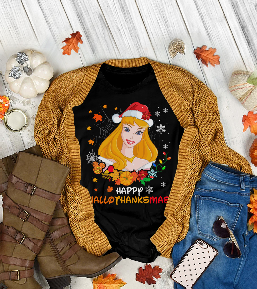 Happy Hallothanksmas Aurora Santa Hat Snowflakes Leaves T-Shirt