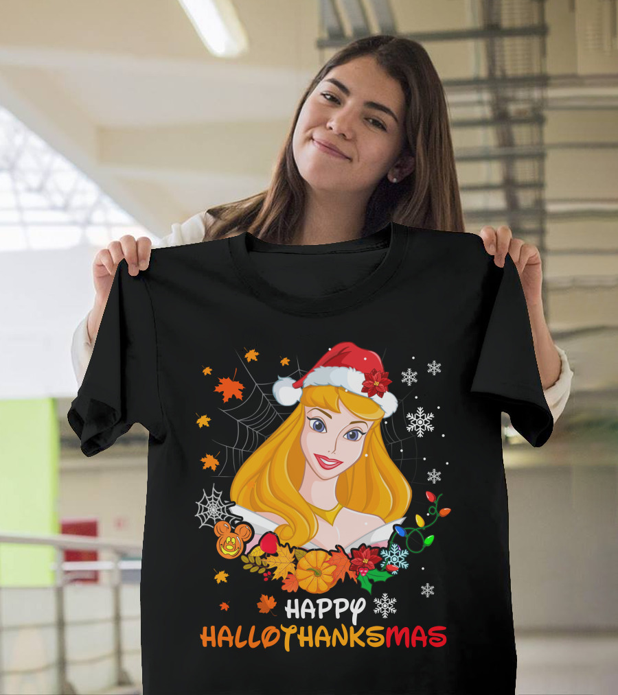Happy Hallothanksmas Aurora Santa Hat Snowflakes Leaves T-Shirt