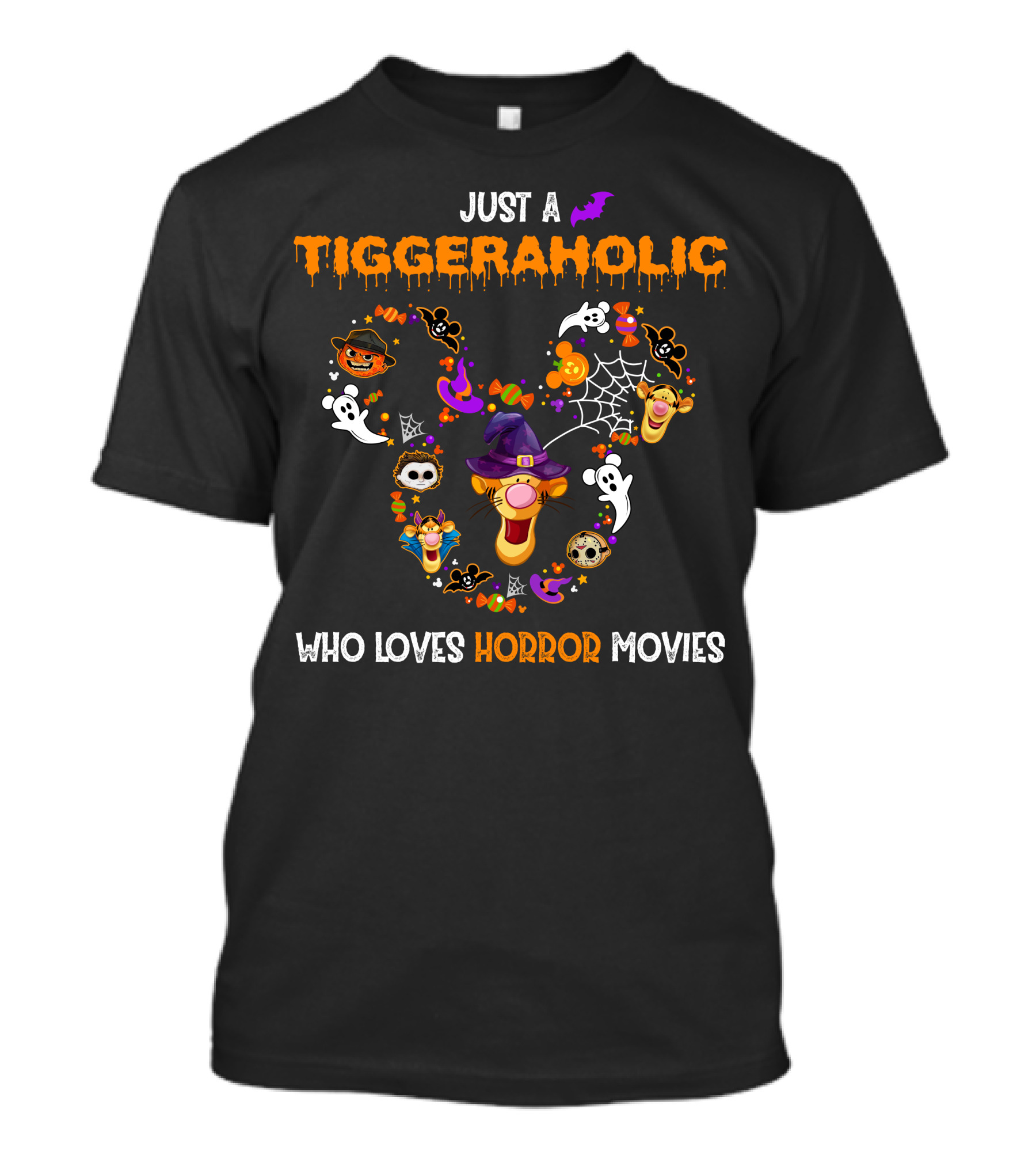 Tiggeraholic Who Loves Horror Movies Halloween Icons T-Shirt