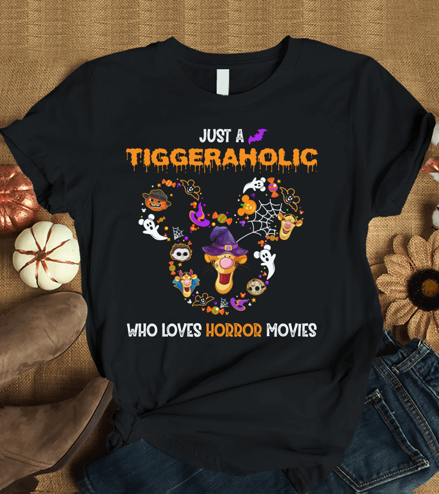 Tiggeraholic Who Loves Horror Movies Halloween Icons T-Shirt