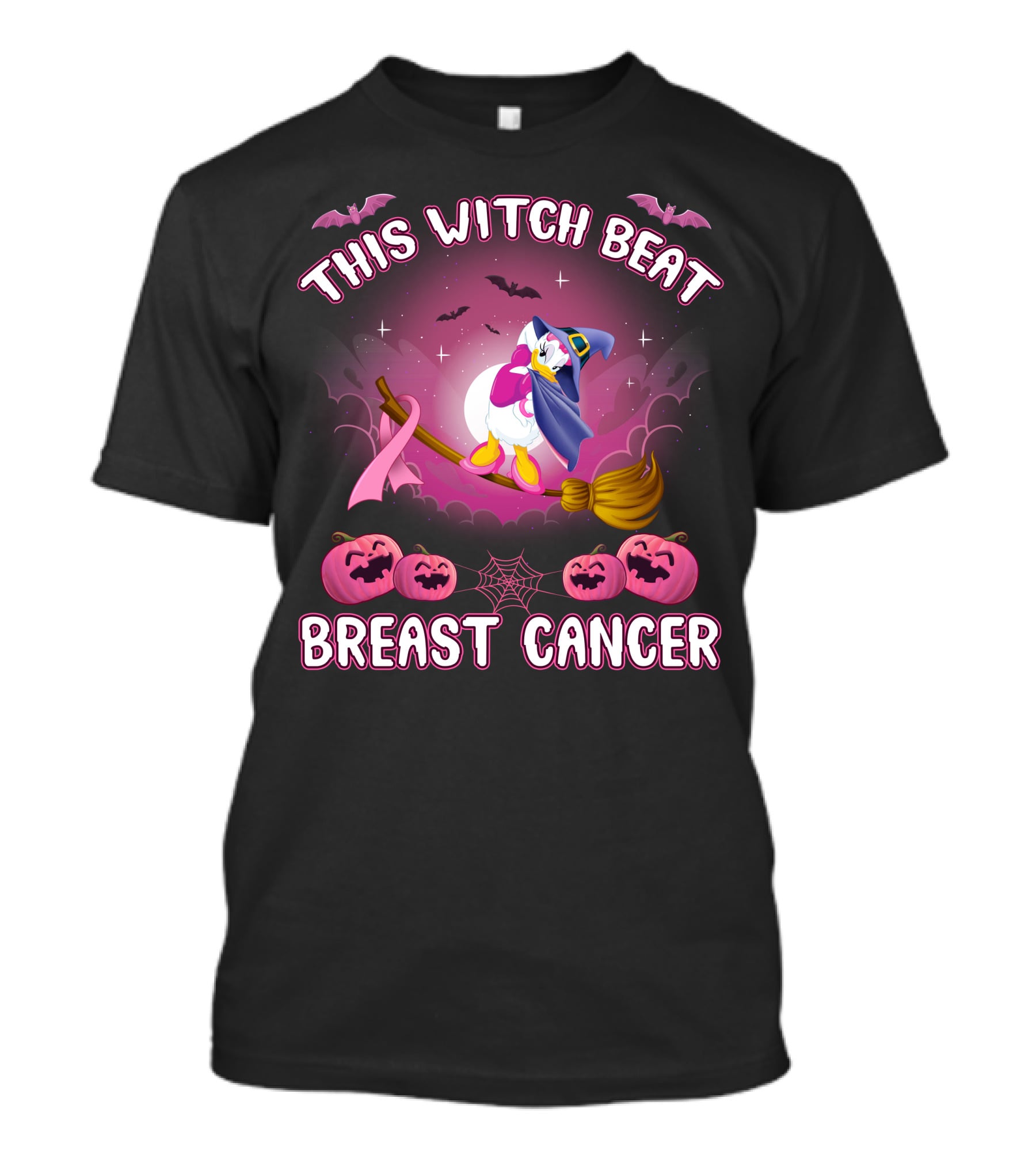 This Witch Beat Breast Cancer Daisy D Broom Pink Ribbon Pumpkins Bat Night Sky T-Shirt