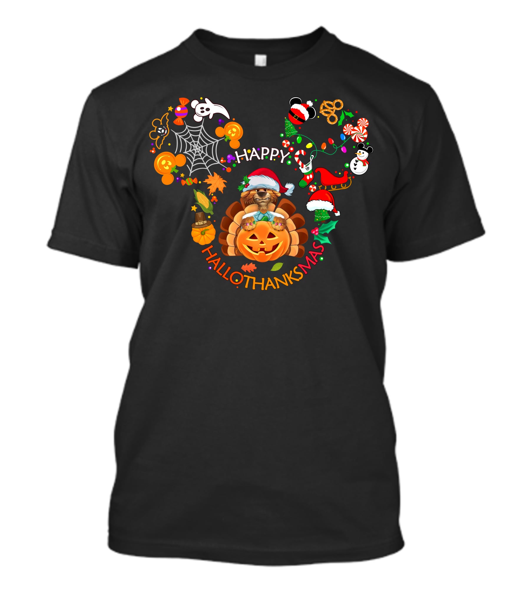 Happy Hallothanksmas Pumpkin Turkey With Festive Decorations T-Shirt