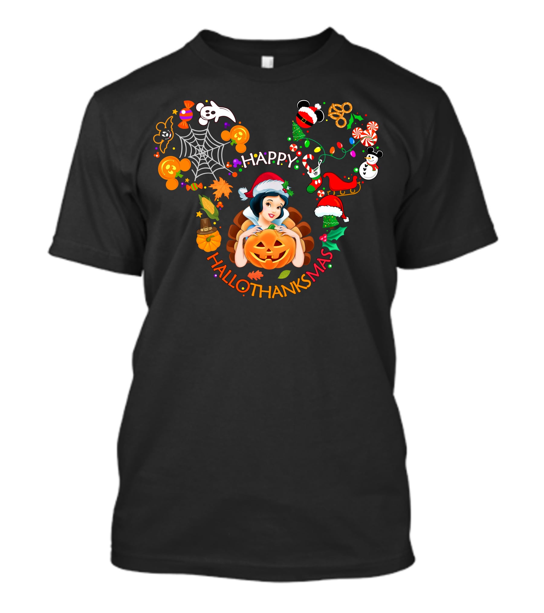 Happy Hallothanksmas Snow White Pumpkin Candy Cane Holly Snowman T-Shirt