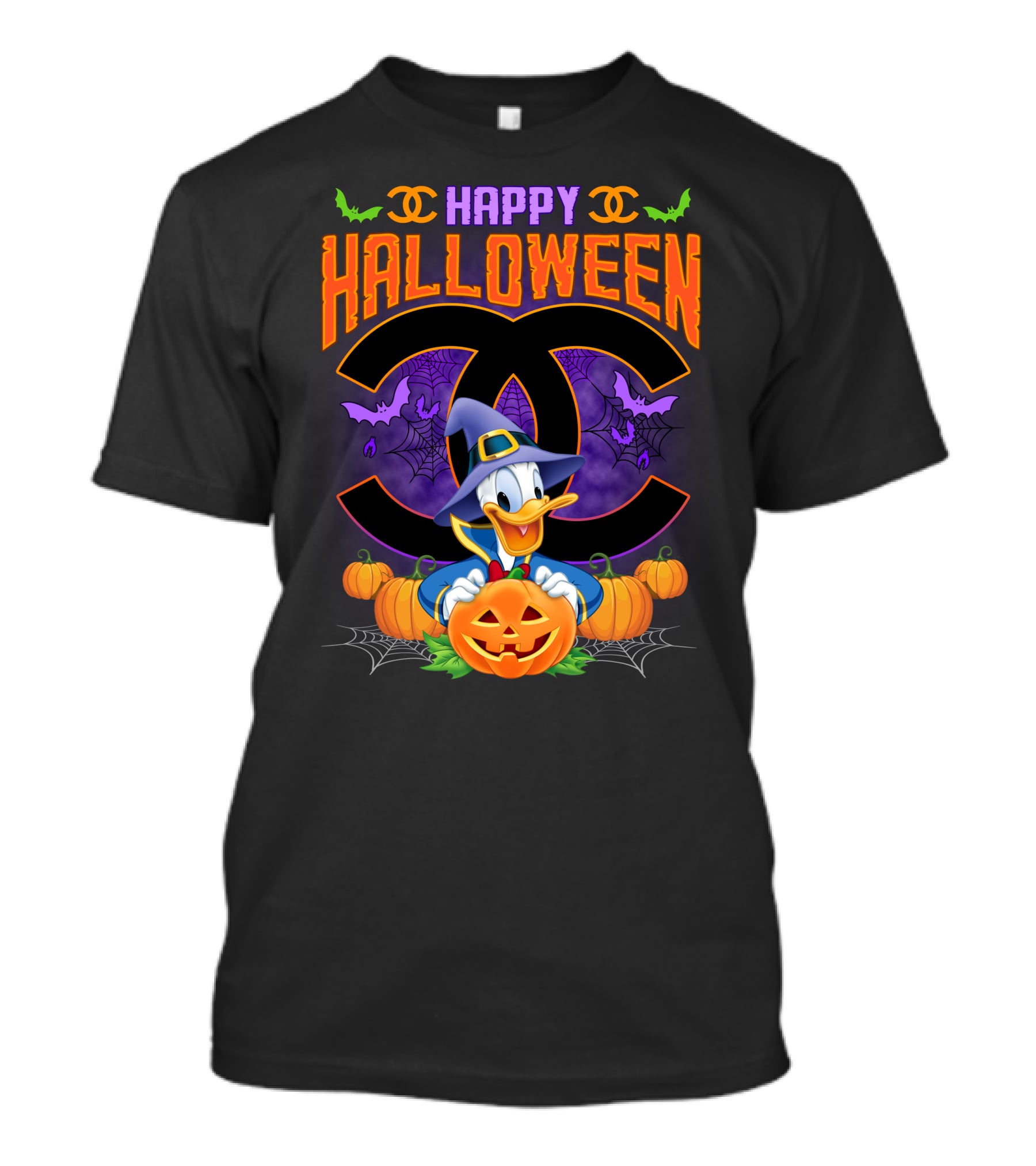 Happy Halloween Donald Duck Witch Pumpkin Bat Spiderwebs T-Shirt