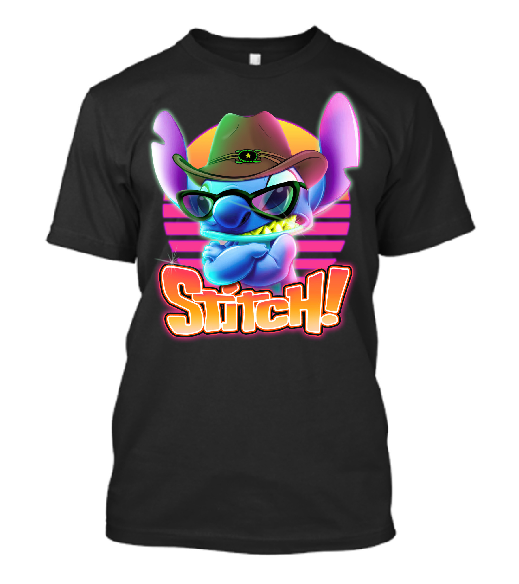 Stitch Neon Cowboy Style With Sunglasses And Retro Sunset T-Shirt