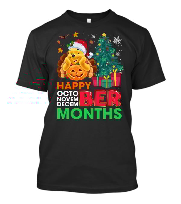 Happy Octo Novem Decem Ber Months Pooh Santa Hat Pumpkin Christmas Tree Gifts Snowflakes T-Shirt