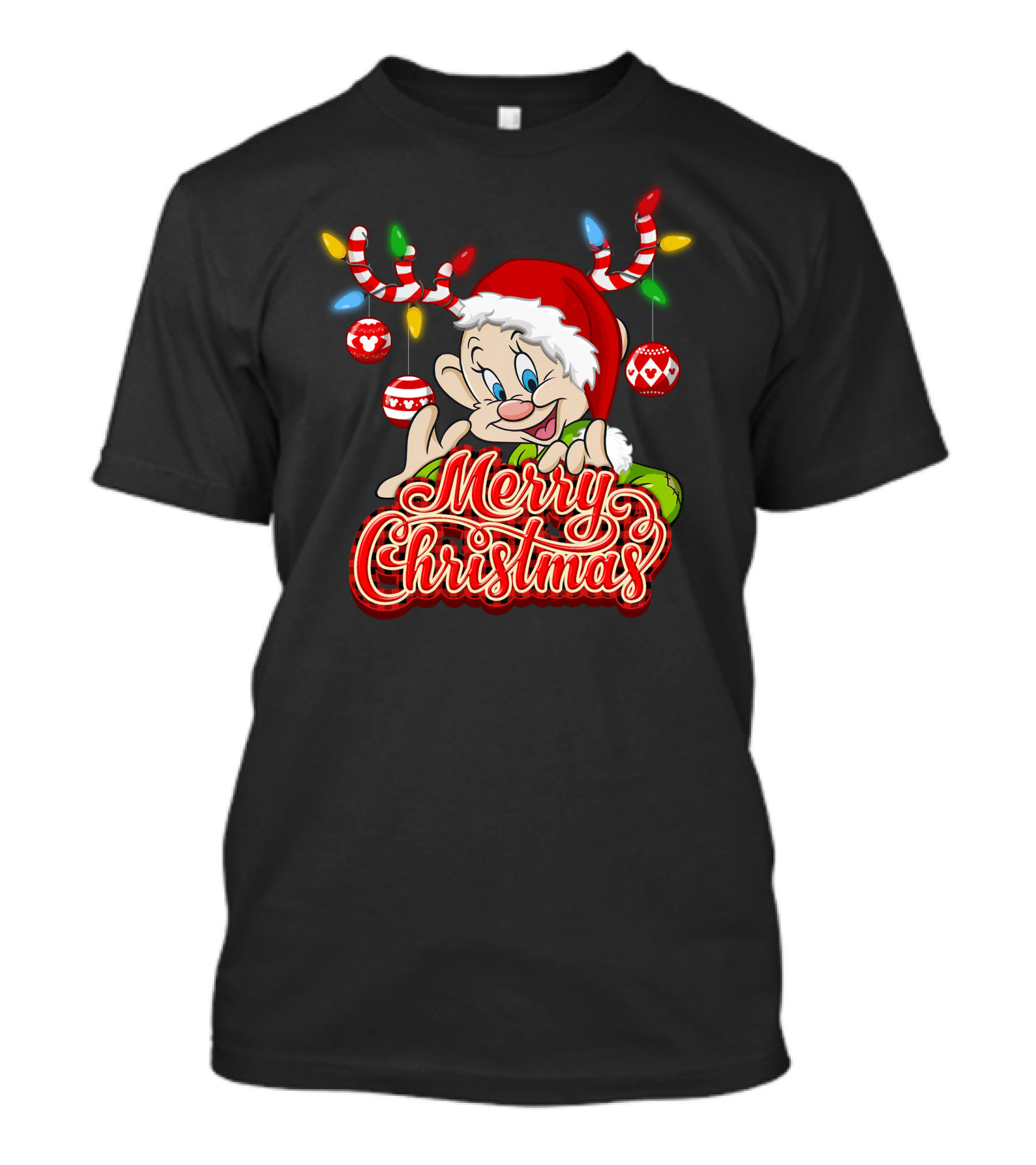 Merry Christmas Dopey Reindeer Antlers And Santa Hat With Christmas Ornaments T-Shirt