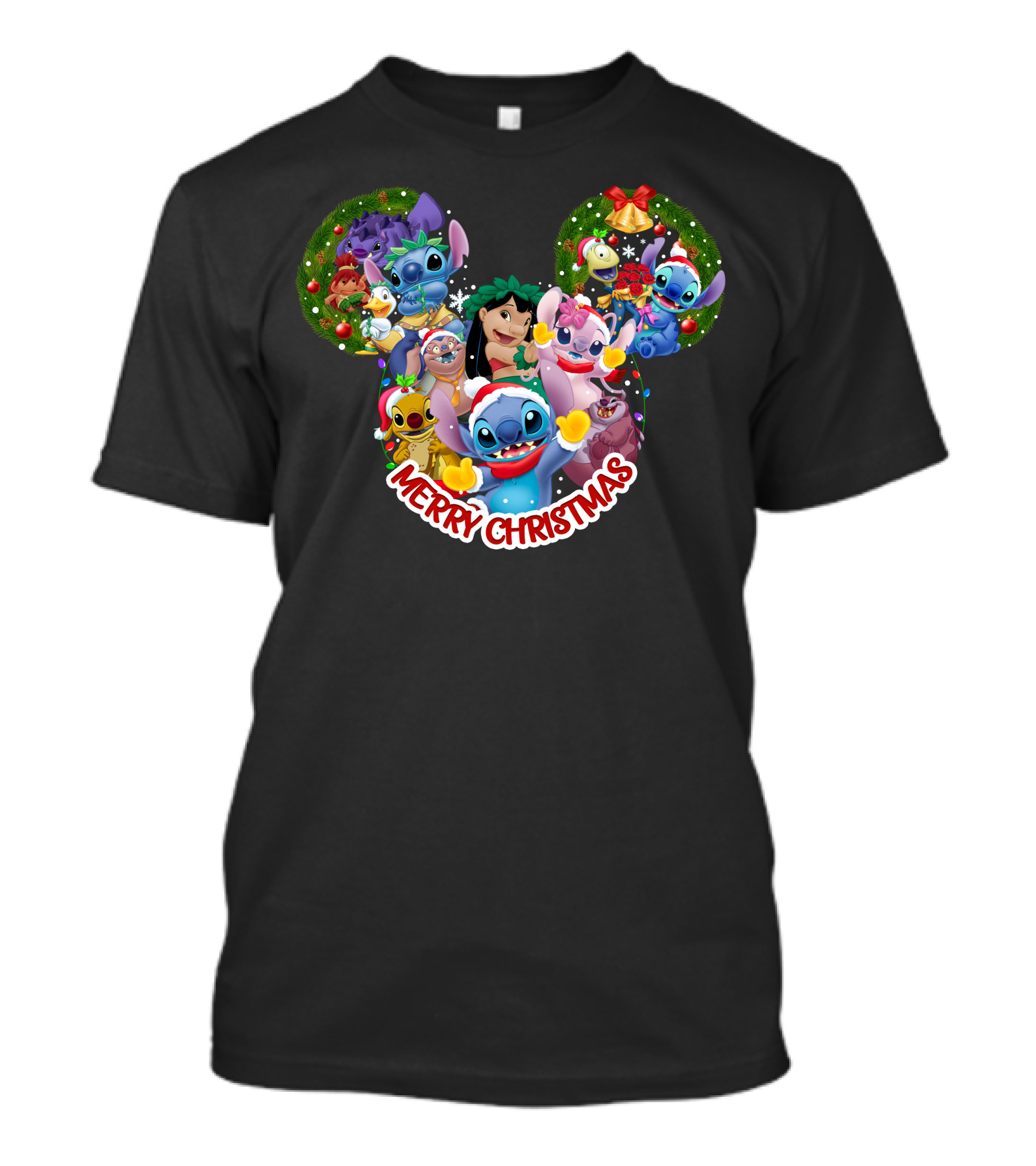 Merry Christmas Lilo And Stitch Disney Mickey Ears Wreath T-Shirt