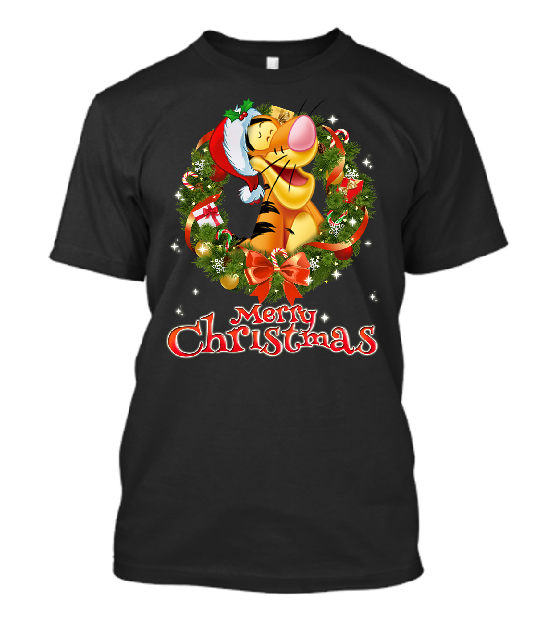 Tigger Merry Christmas Wreath Santa Hat T-Shirt