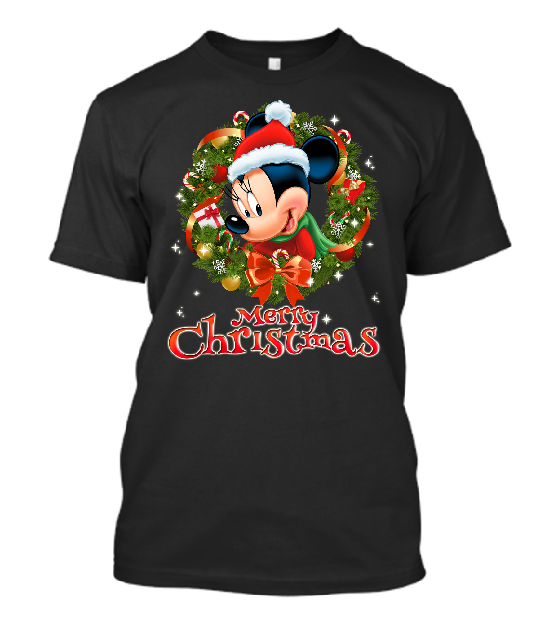 Merry Christmas Minnie Mouse Wreath With Santa Hat And Gifts T-Shirt