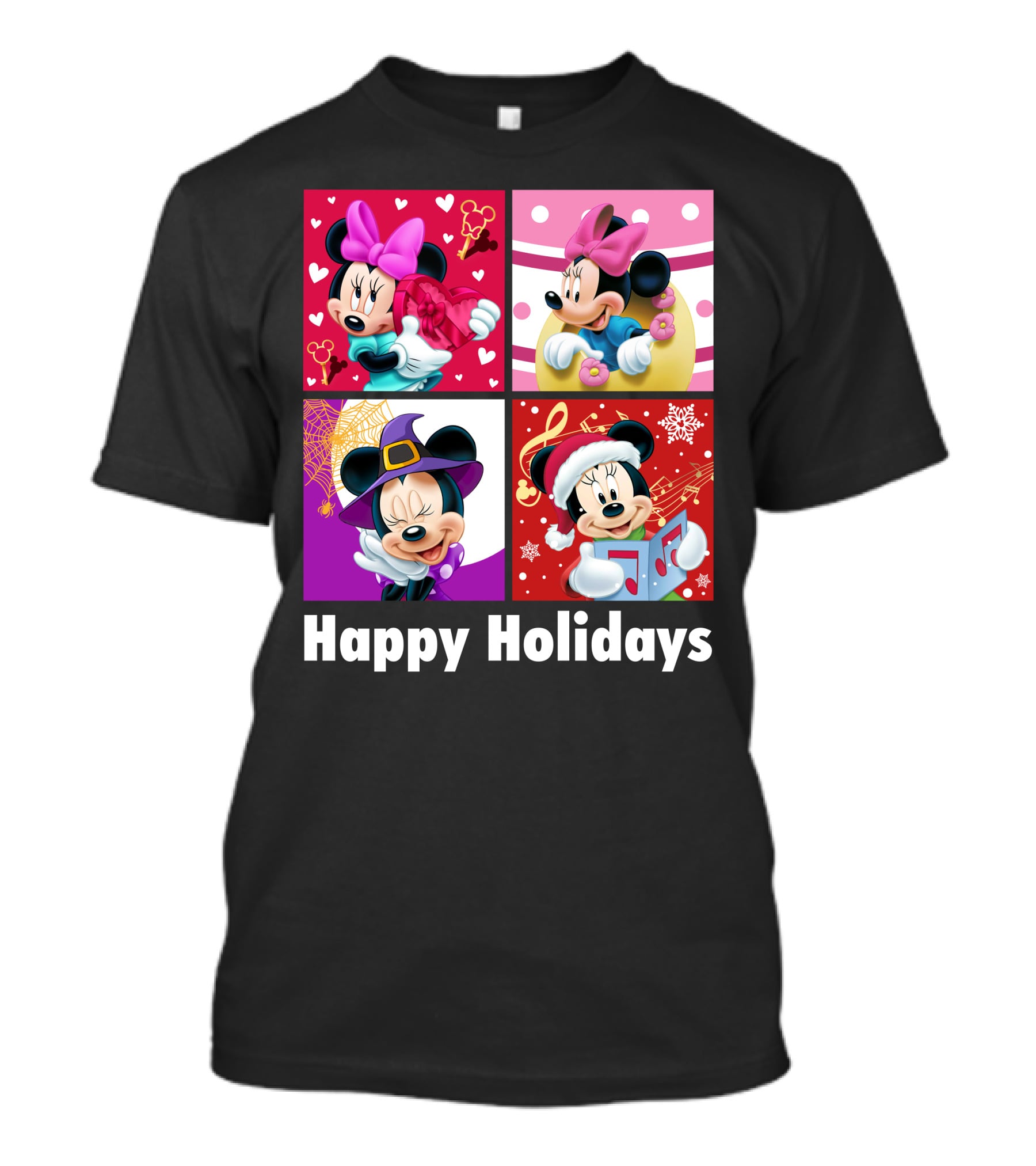 Minnie Happy Holidays With Hearts Bows Witch Hat Santa Hat And Gifts T-Shirt