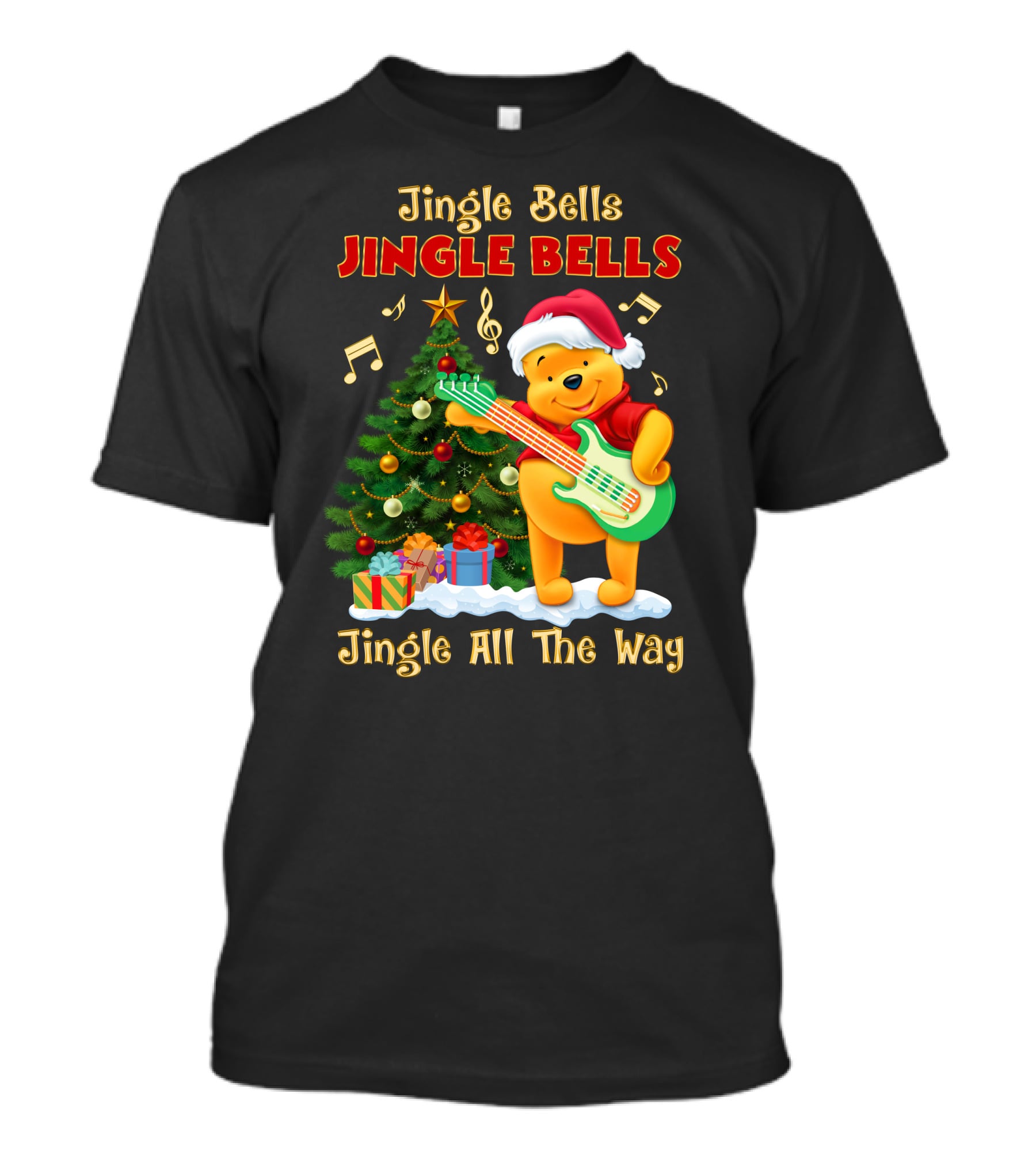 Jingle Bells Jingle Bells Jingle All The Way Christmas Tree Music Notes Pooh Santa Hat Guitar T-Shirt