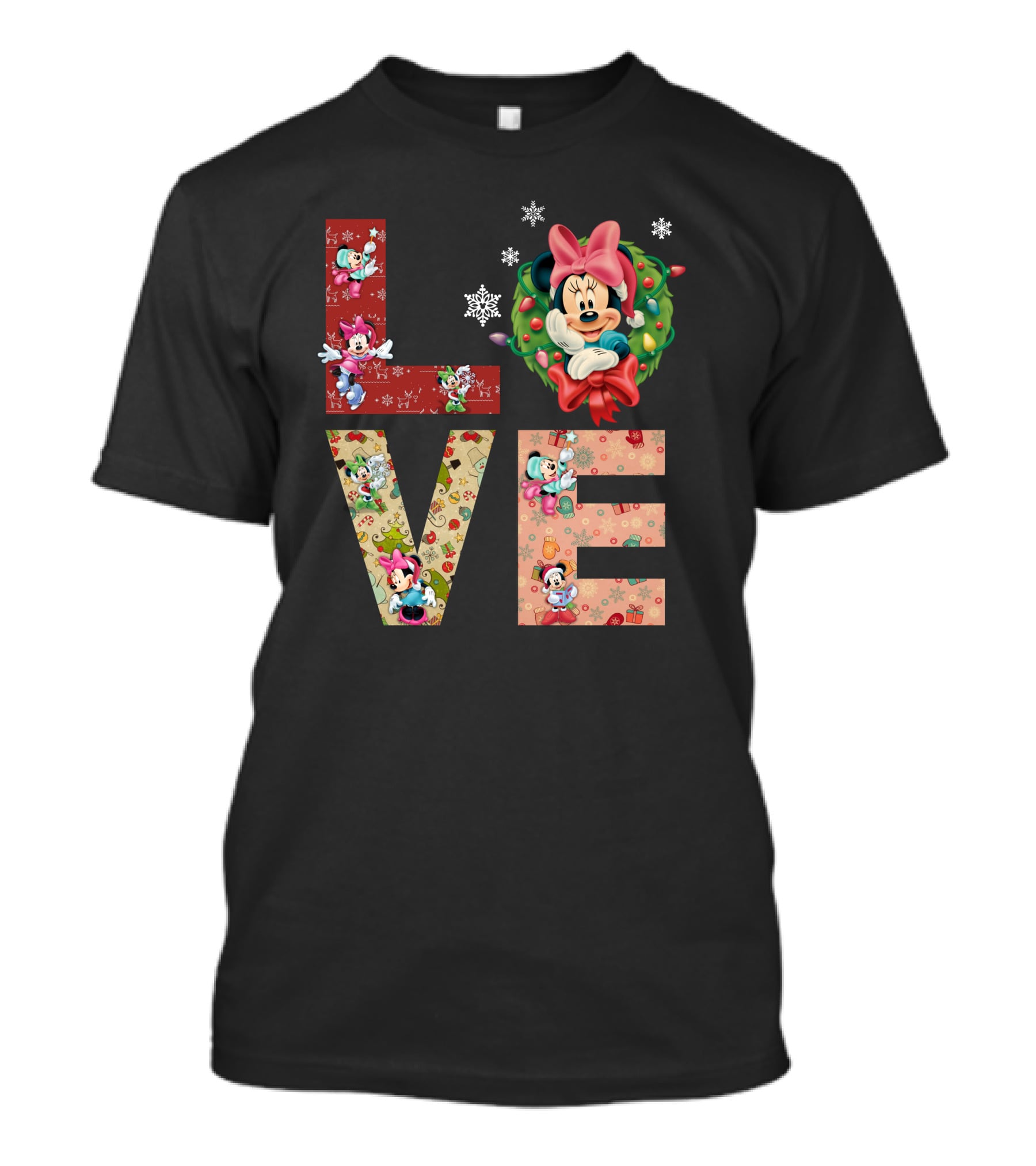 Love Minnie Mouse Christmas Wreath Holiday Snowflakes T-Shirt