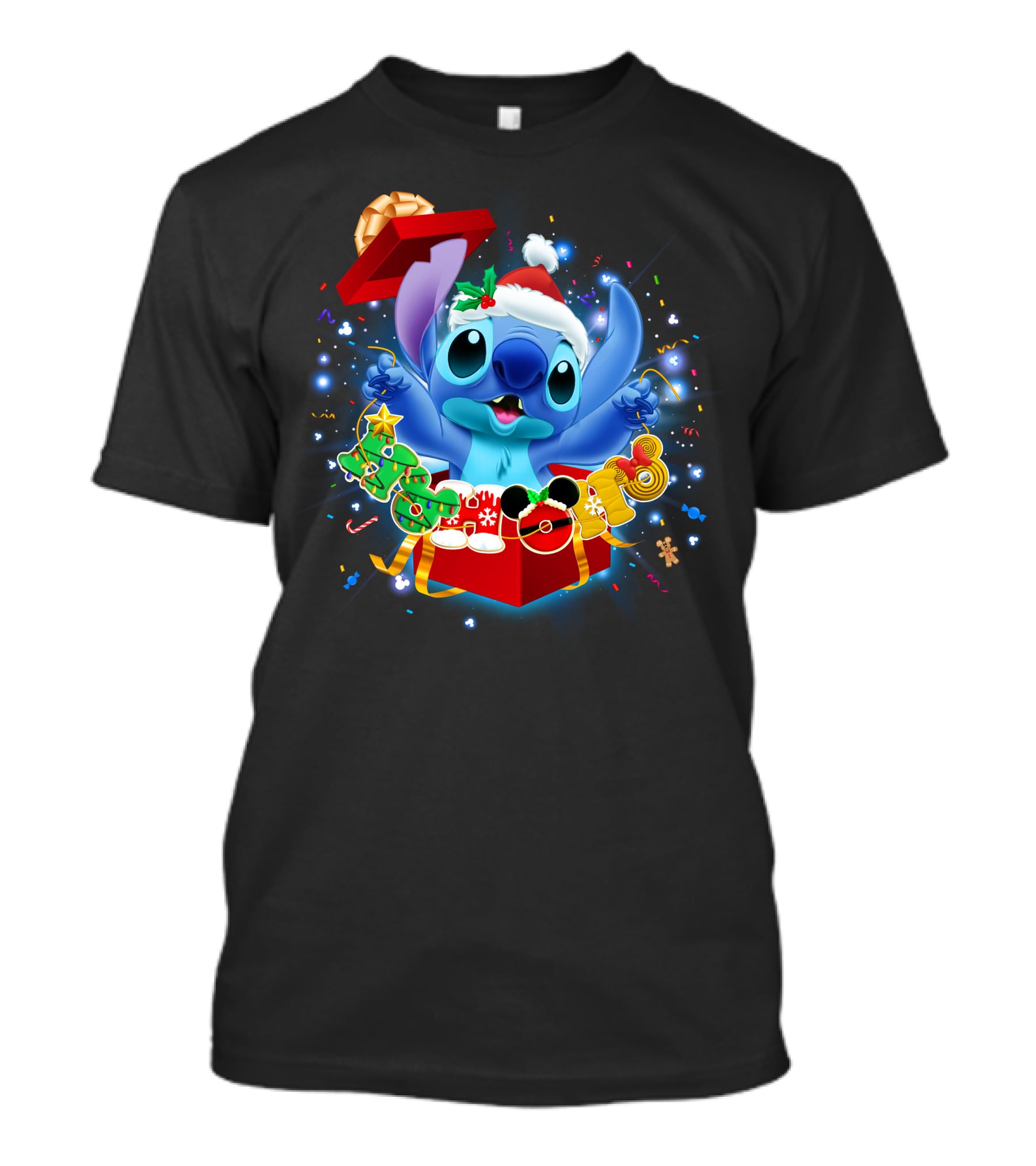 Stitch Christmas Celebration With Santa Hat And Festive Lights T-Shirt