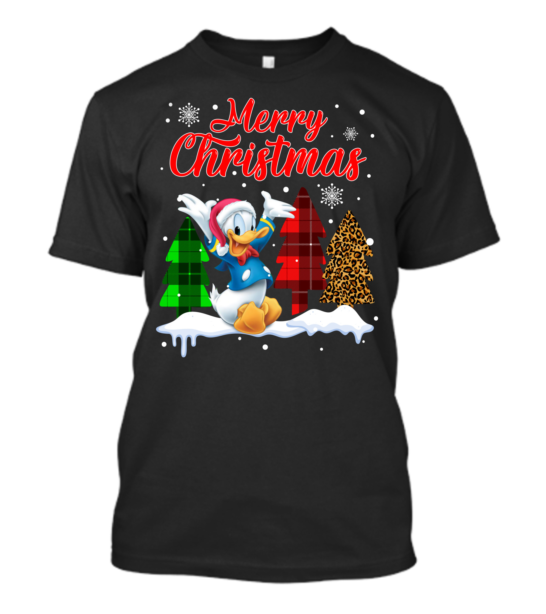 Merry Christmas Donald Duck With Festive Plaid And Leopard Trees T-Shirt