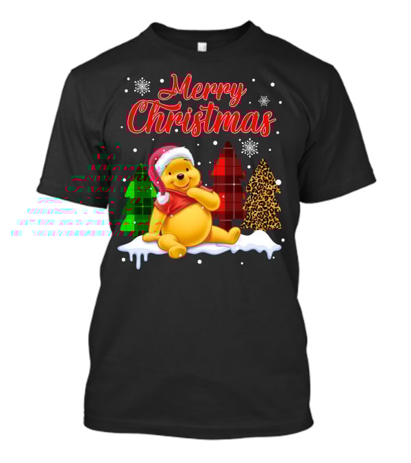 Merry Christmas Pooh Snowflakes Plaid Trees Santa Hat T-Shirt