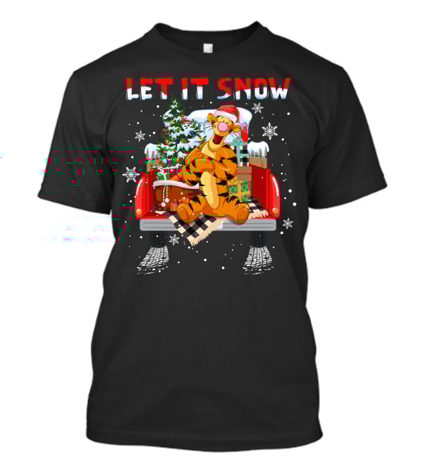 Tigger Let It Snow Christmas Tree And Presents In Snowy Red Truck T-Shirt