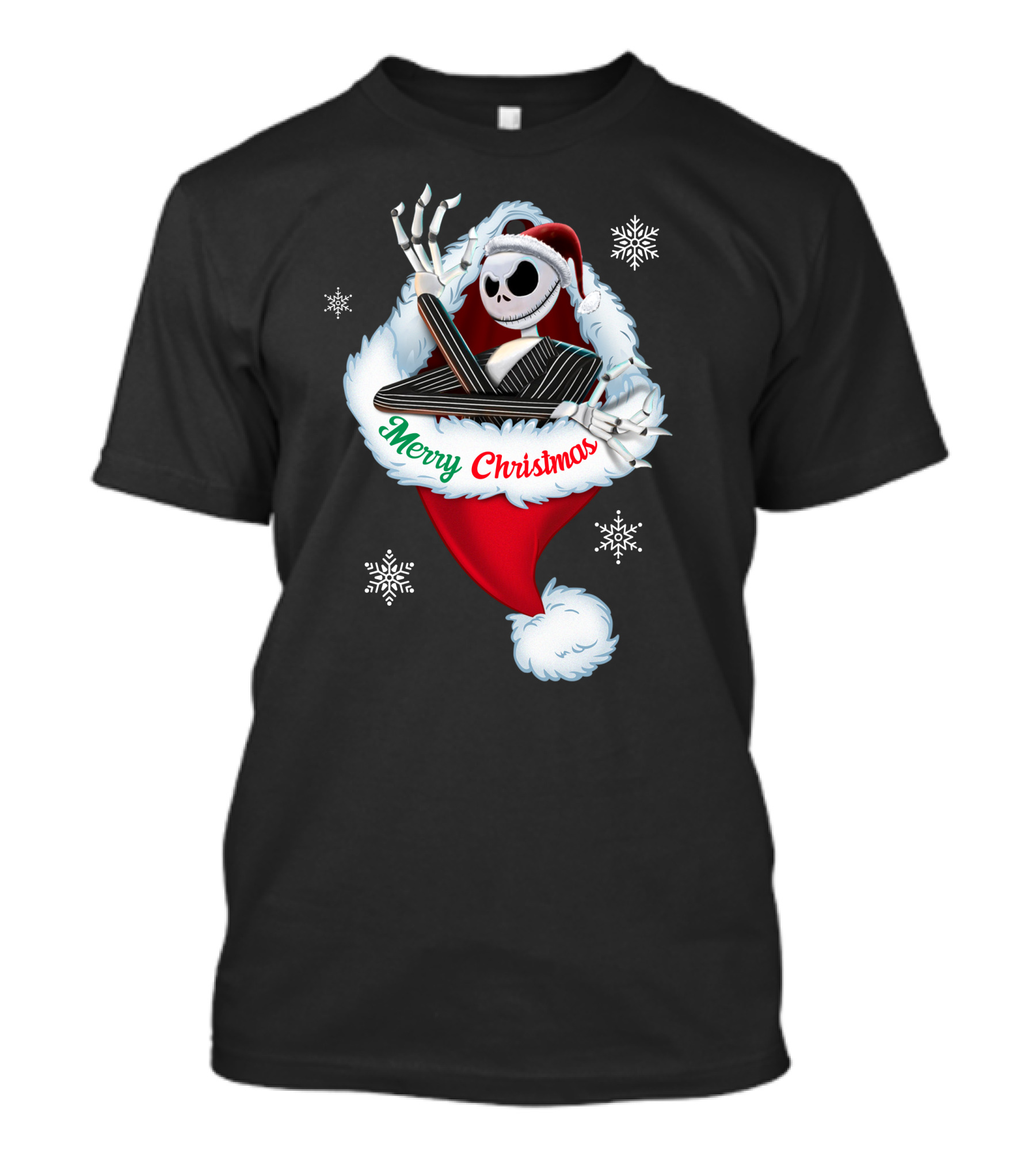 Jack Skellington Merry Christmas Santa Hat Snowflakes T-Shirt